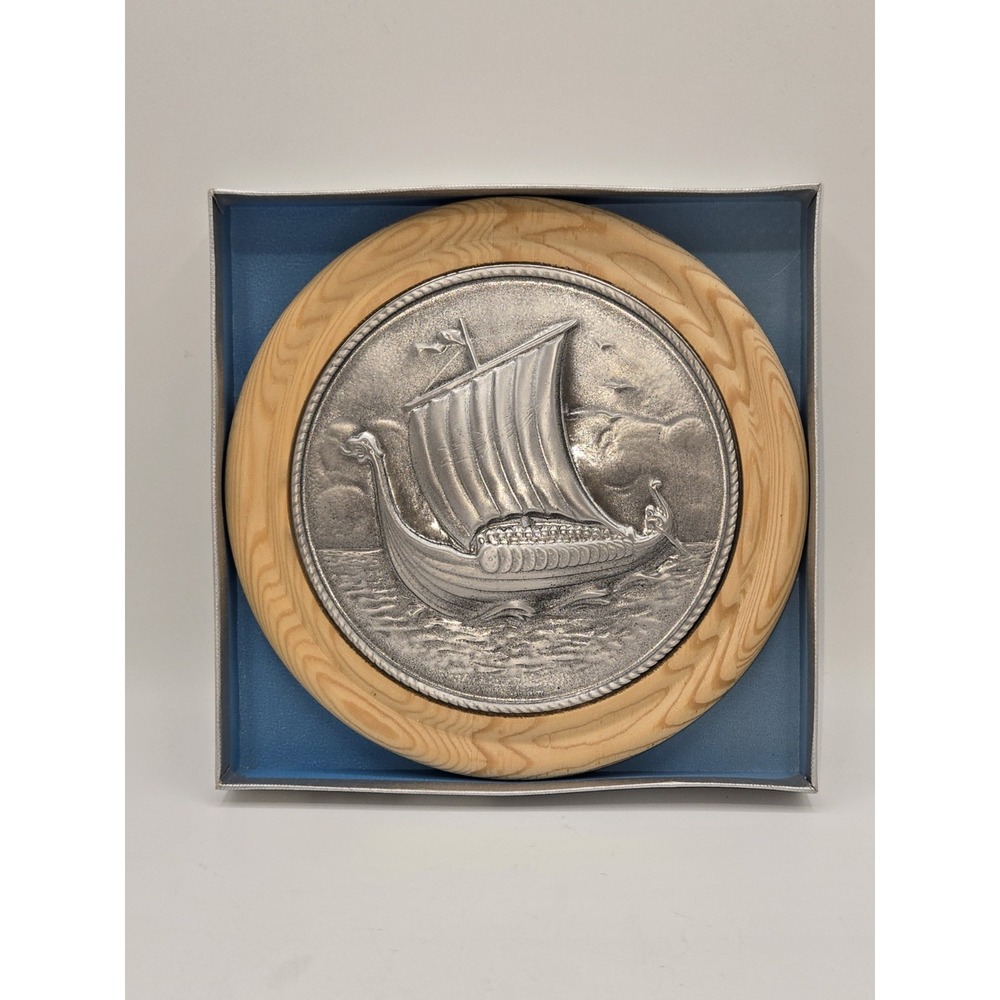 Vintage Norway Pewter Viking Ship Plate Wood Wall Plaque Norse‎ Decor